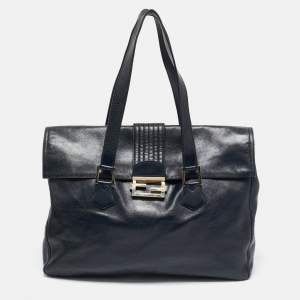 Fendi Navy Blue Glossy Leather FF Flap Tote