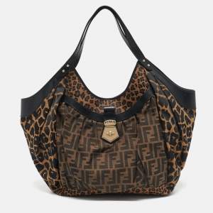 Pre Owned Fendi Brown/Black Zucca and Leopard Print Canvas Large Chef Tote