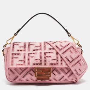 Fendi Pink FF Openwork Embroidered Canvas Medium Baguette Bag