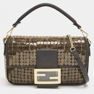 Fendi Tobacco Zucca Canvas and Sequins Mini Baguette Bag