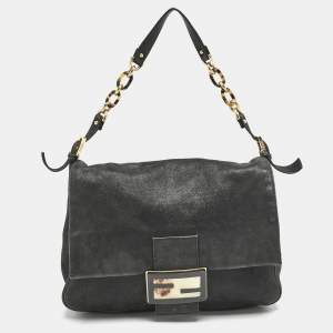 Fendi Black Shimmer Leather Large Mama Forever Flap Shoulder Bag