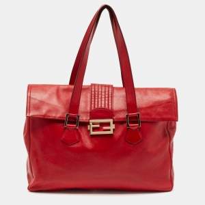 Pre Owned Fendi Red Leather Forever Flap Tote