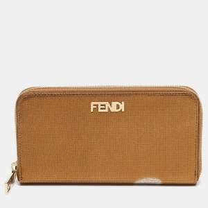 Fendi Gold Embossed Leather Logo Zip Continental Wallet