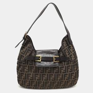 Fendi Brown Zucca Canvas and Leather Double Buckle Hobo 