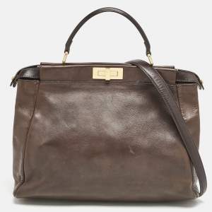 Fendi Dark Brown Leather Large Peekaboo Top Handle Bag