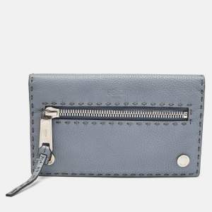 Fendi Light Blue Selleria Leather Front Zip Wallet Organizer