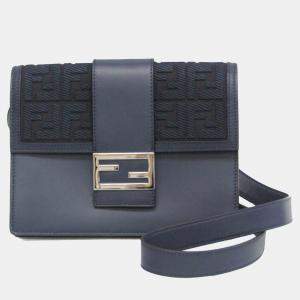 Fendi Navy Leather Canvas Flat Baguette Medium Shoulder Bag