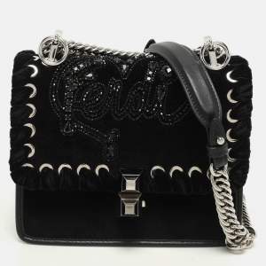 Fendi Black Velvet and Leather Small Kan I Logo Embellished Top Handle Bag