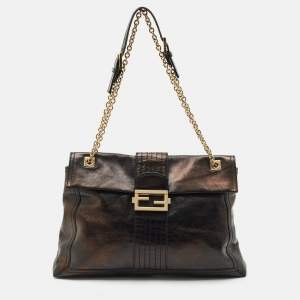 Fendi Black Leather Maxi Baguette Flap Shoulder Bag
