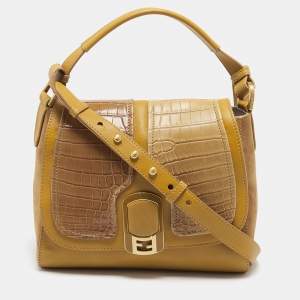 Pre Owned Fendi Tricolor Leather and Crocodile Medium Anna Top Handle Bag