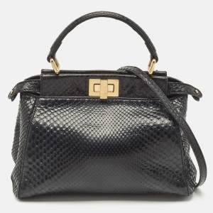 Pre Owned Fendi Black Python Mini Peekaboo Top Handle Bag