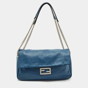 Pre Owned Fendi Blue Leather Large Baguette Chain Shoulder Bag