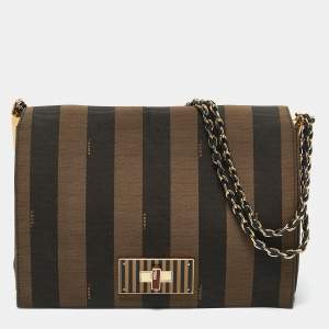 Pre Owned Fendi Tobacco Pequin Stripe Canvas Large Claudia Shoulder Bag