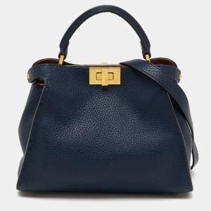 Fendi Navy Blue Leather Peekaboo Iconic Essentially Top Handle Bag