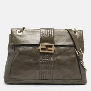 Fendi Metallic Leather Maxi Baguette Flap Shoulder Bag