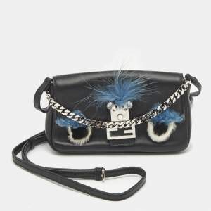 Fendi Black Leather and Fox Fur Micro Buggie Crossbody Bag