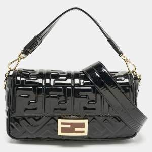 Fendi Black FF Embossed Patent Leather Medium Baguette Bag