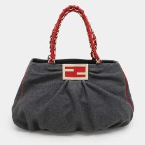 Fendi Grey/Red Wool and Patent Leather Large Mia Tote