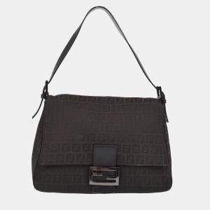 Fendi Black Brown Zucchino Canvas Mamma Baguette Shoulder Bag