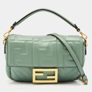 Fendi Green FF Logo Embossed Leather Mini Baguette Bag