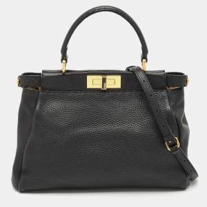Fendi Black Selleria Leather Regular Peekaboo Top Handle Bag
