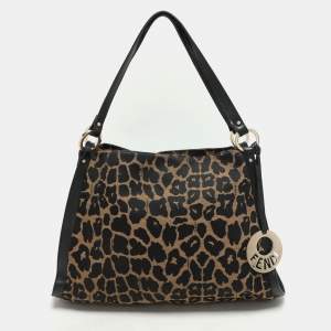 Fendi Black/Brown Leopard Print Canvas and Leather Chef Tote