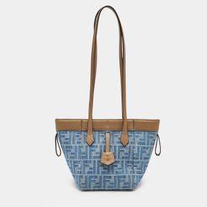 Fendi Blue/Brown Denim FF and Leather Mini Origami Tote