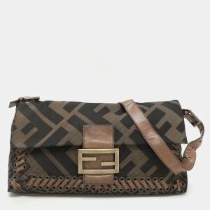 Fendi Tobacco Zucca Canvas and Leather Large Whipstitch Baguette Bag
