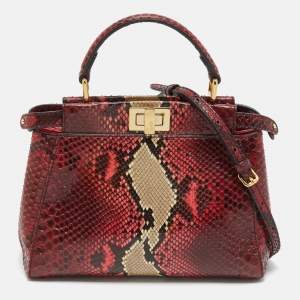 Fendi Red/Beige Python Mini Peekaboo Top Handle Bag