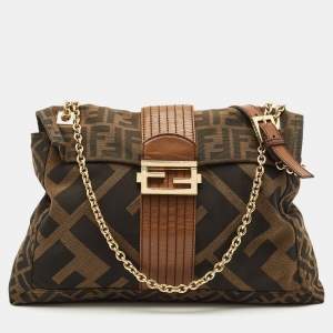 Fendi Tobacco Zucca Canvas and Leather Maxi Baguette Flap Shoulder Bag