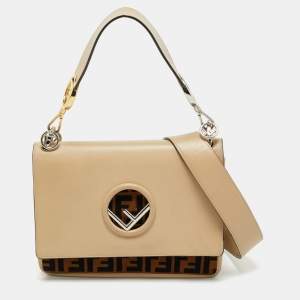 Fendi Beige/Brown Leather and Velvet Kan I F Logo Shoulder Bag