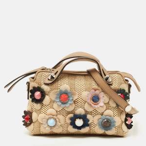 Pre Owned Fendi Beige/Natural Raffia Mini Applique By The Way Crossbody Bag