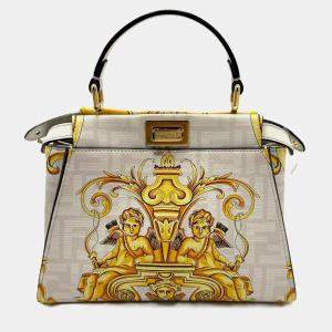 Pre Owned Fendi x Versace Yellow/White Zucca Baroque Print Leather Mini Fendace Peekaboo Top Handle Bag