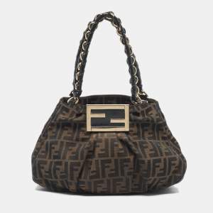Pre Owned Fendi Tobacco Zucca Canvas and Patent Leather Small Mia Hobo