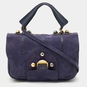 Pre Owned Fendi Dark Blue Suede Secret Code Top Handle Bag