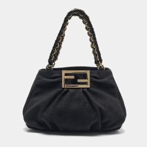 Fendi Black Textured Fabric and Patent Leather Small Mia Tote