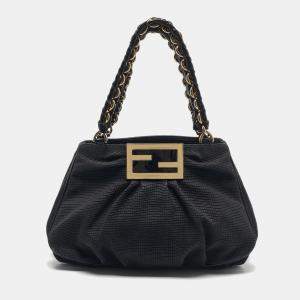 Pre Owned Fendi Black Textured Fabric and Patent Leather Small Mia Tote