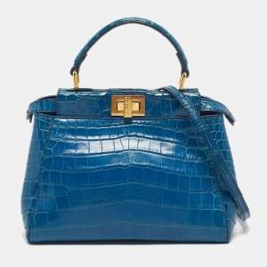 Pre Owned Fendi Blue Crocodile Mini Peekaboo Top Handle Bag