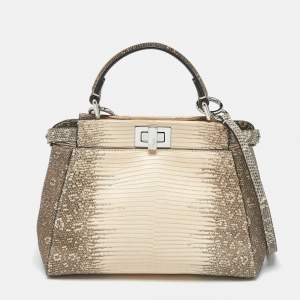 Pre Owned Fendi Beige/Blush Pink Lizard Mini Peekaboo Top Handle Bag