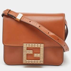 Pre Owned Fendi Brown Smooth Leather Crystal Fab Crossbody Bag