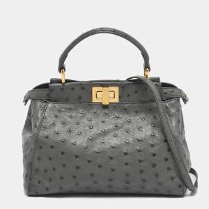 Pre Owned Fendi Grey Ostrich Leather Mini Peekaboo Top Handle Bag