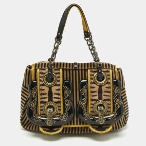 Pre Owned Fendi Brown/Black Stripe Calfhair and Velvet B Bag Shoulder Bag