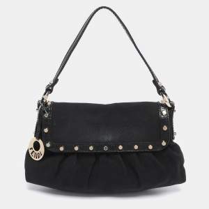 Pre Owned Fendi Black Canvas and Patent Leather Small Studded Chef Shoulder Bag