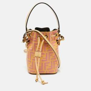 Fendi Pink/Yellow Zucca Leather Mini Mon Tresor Drawstring Bucket Bag