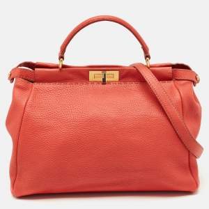 Pre Owned Fendi Coral Orange Selleria Leather Large Peekaboo Tote