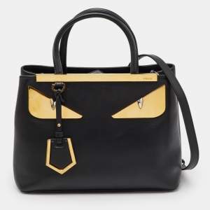 Pre Owned Fendi Black Leather Century Metal Monster Eyes Petite 2Jours Tote