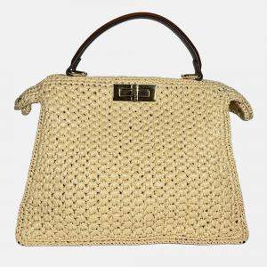 Pre Owned Fendi ISeeU Palm Medium Woven Raffia Peekaboo Bag