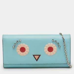 Pre Owned Fendi Light Blue Leather Embellished Wallet On Chain