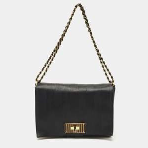 Pre Owned Fendi Black Stripe Embossed Leather Large Claudia Shoulder Bag