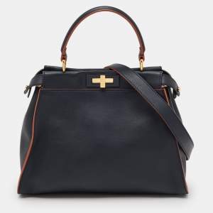 Pre Owned Fendi Navy Blue Leather Medium Peekaboo Top Handle Bag
